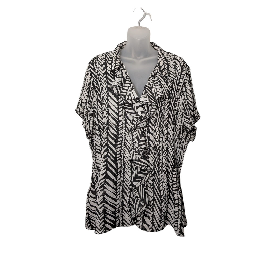 2XL Ruffled Monochrome Abstract Art To Wear Crinkle Stretch Lightweight Blouse